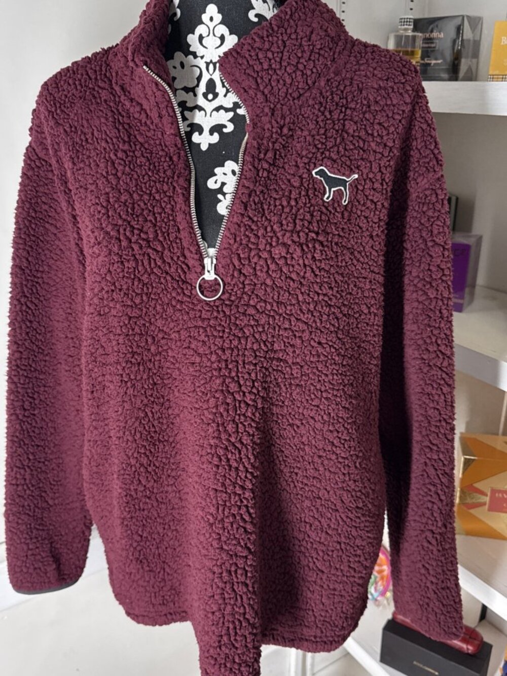 Victoria Secret pink, maroon fleece Large dog Logo sweatshirt Large warm soft